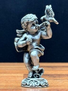 SUN Small Pewter Cherub Angel with Dove Figurine